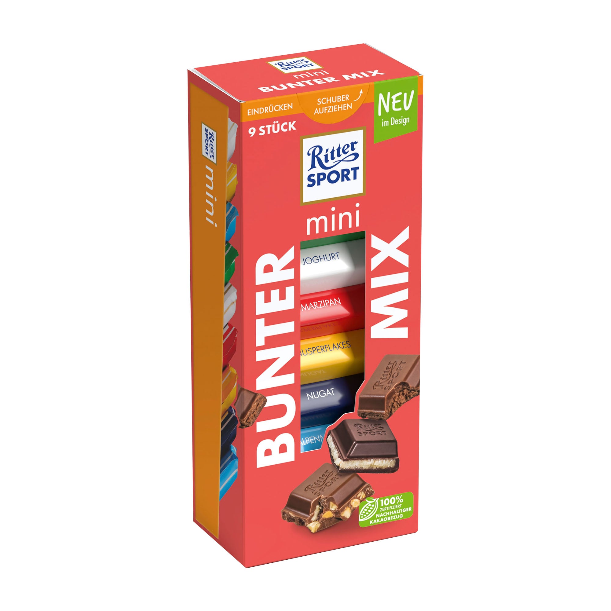 A box of Ritter Sport Mini colorful mix tower, featuring nine individually wrapped filled mini bars, displayed against a white background.