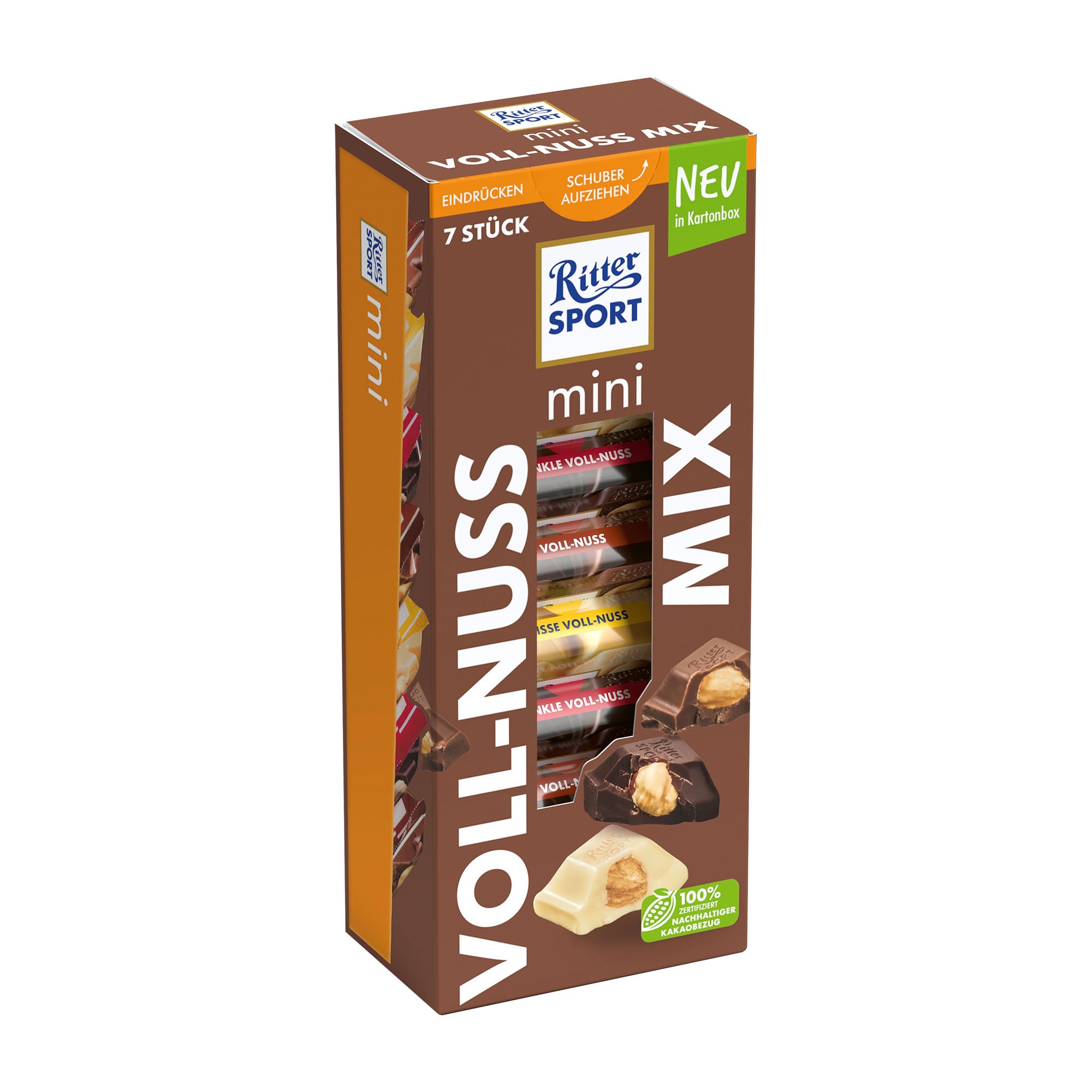 A package of Ritter Sport Mini whole nuts mix tower, containing 7 mini bars in a combination of white, dark, and milk chocolate varieties.