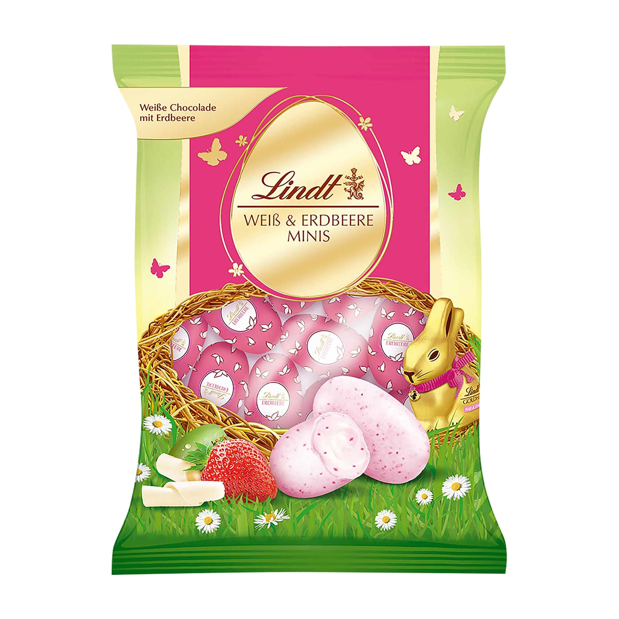 Packaging of Lindt Minis white and strawberry eggs, showing a green and pink bag with images of white chocolate eggs, a strawberry, and a golden bunny.