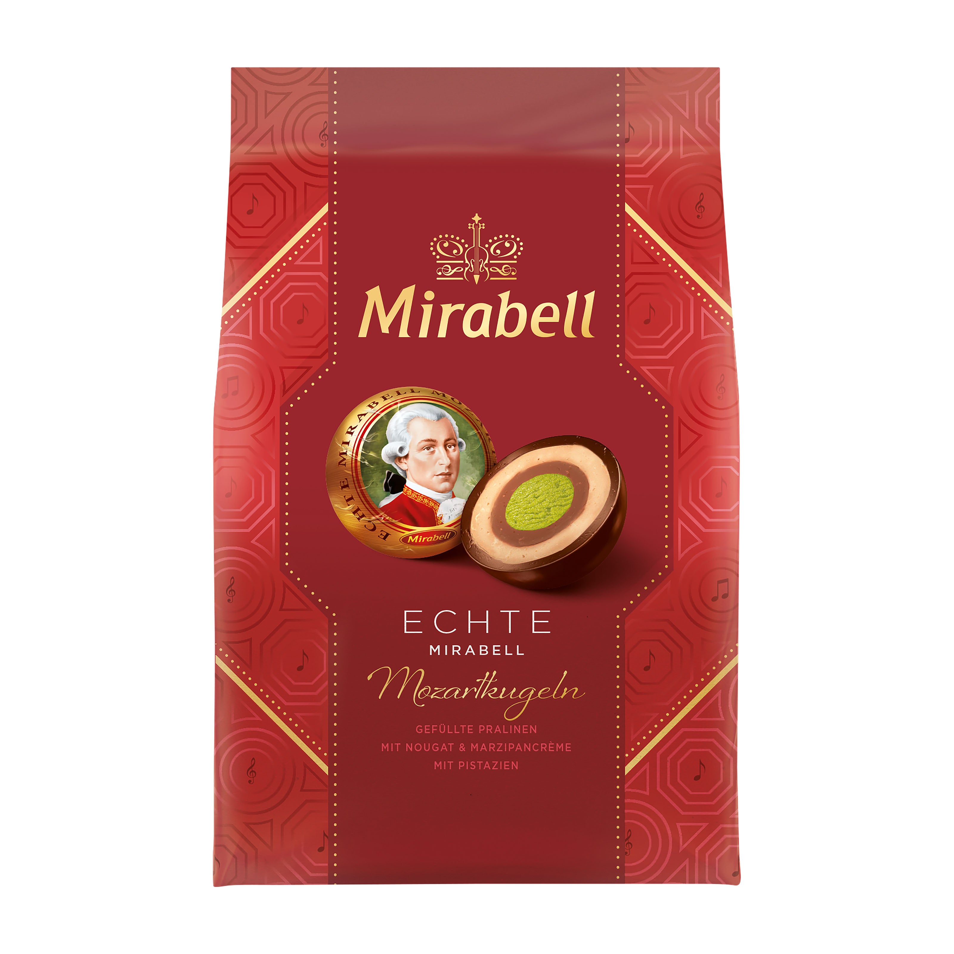 Red package of Mirabell Mozartkugeln Pralines Bag with a portrait and product illustration on a white background