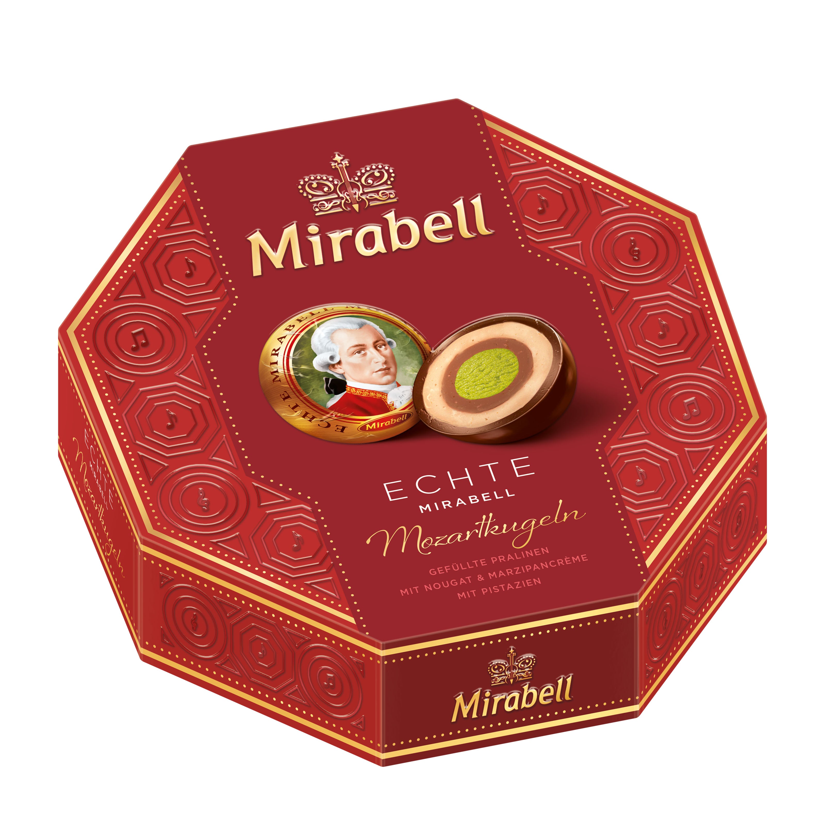 Red hexagonal Mirabell Mozartkugeln pralines box with two chocolate candies on a white background