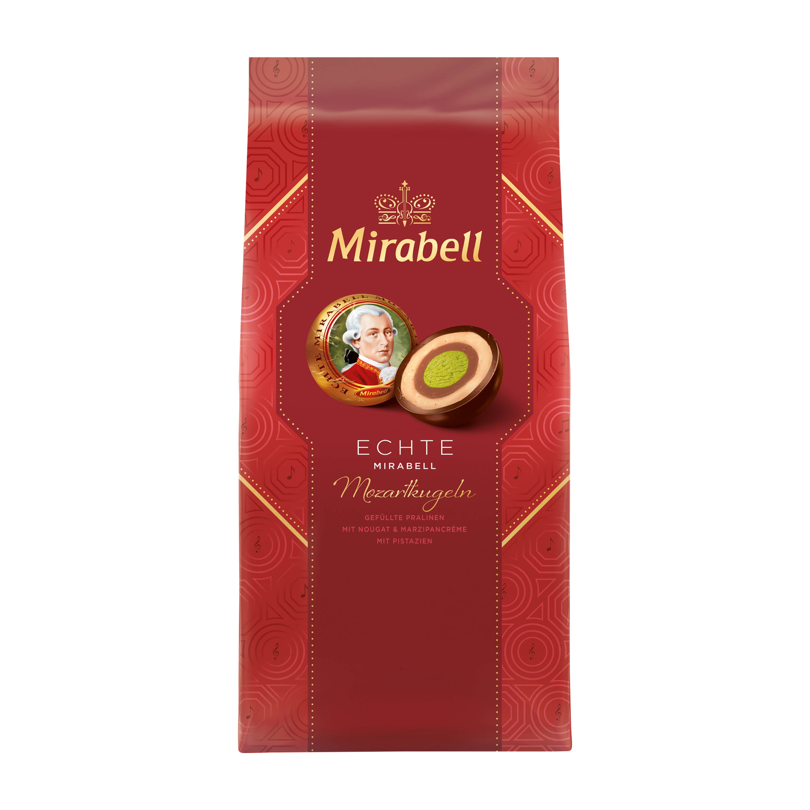 Red package of Mirabell Mozartkugeln pralines with branding and product illustration on a white background