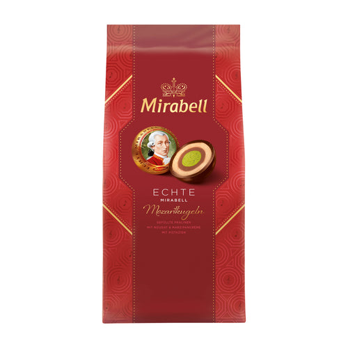 Red package of Mirabell Mozartkugeln pralines with branding and product illustration on a white background