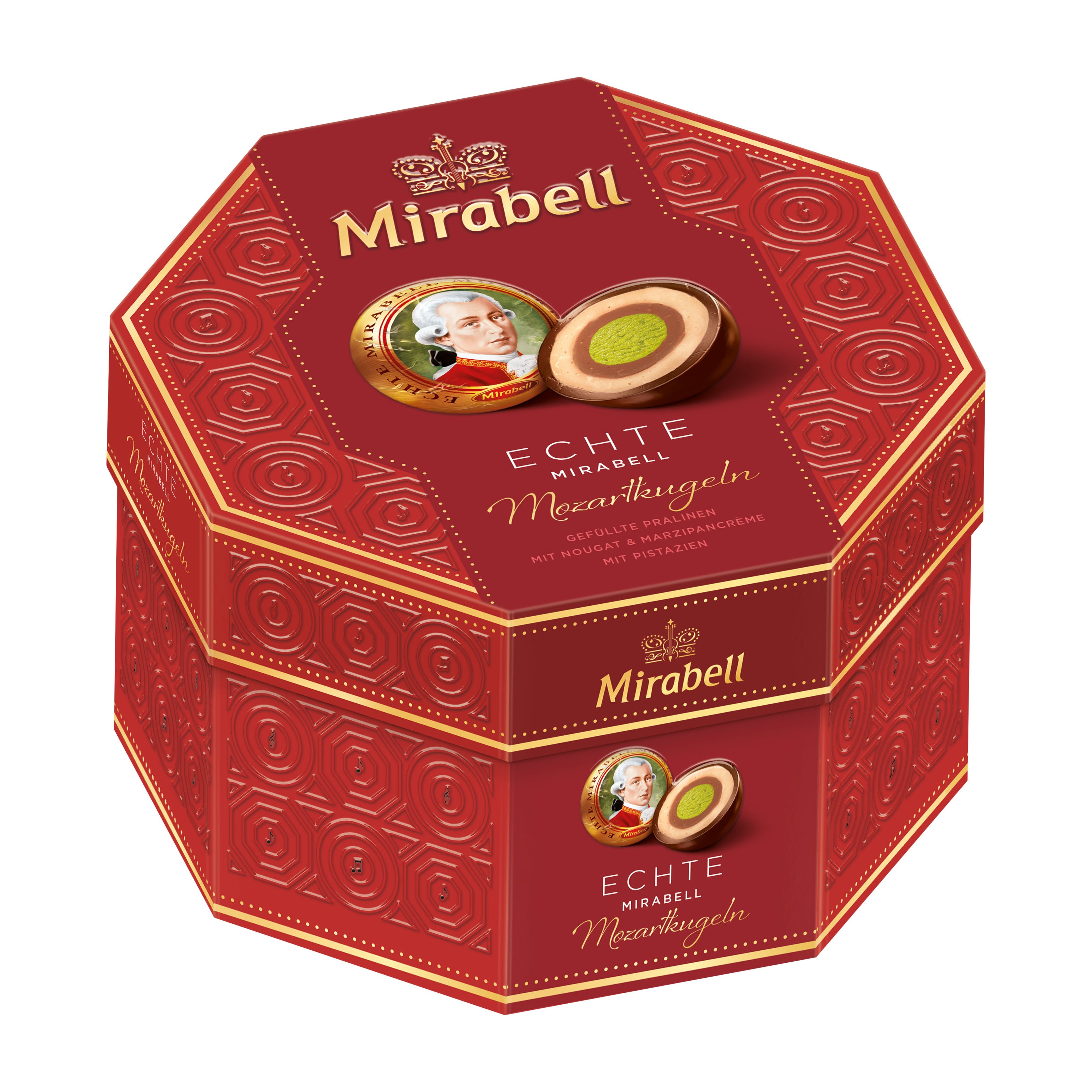 Red hexagonal Mirabell Mozartkugeln pralines box with branding and product images on a white background