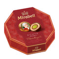 Red hexagonal Mirabell Mozart pralines box with two chocolate candies on a white background