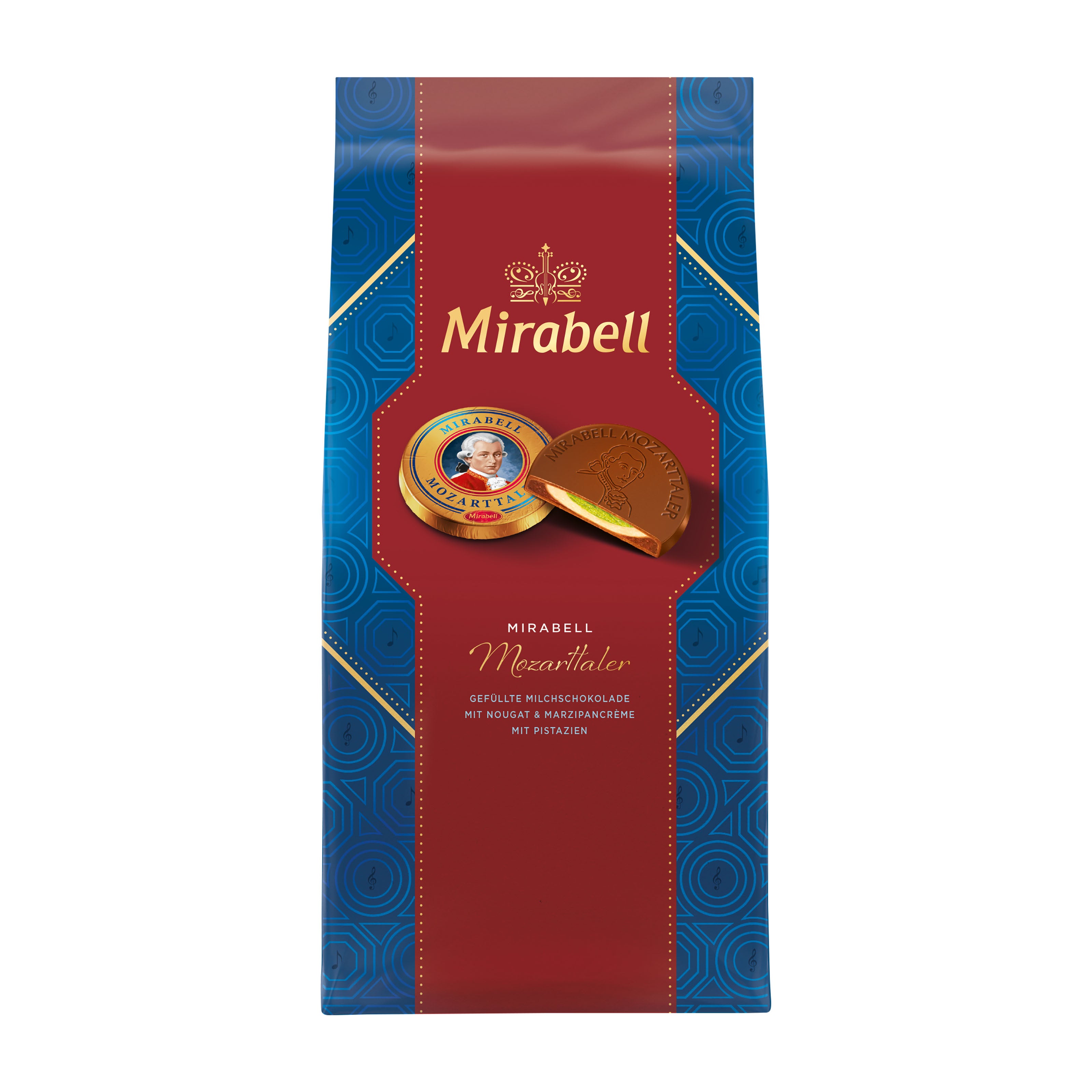Mirabell Mozarttaler Mozart Coin chocolate packaging with red and blue design on a white background