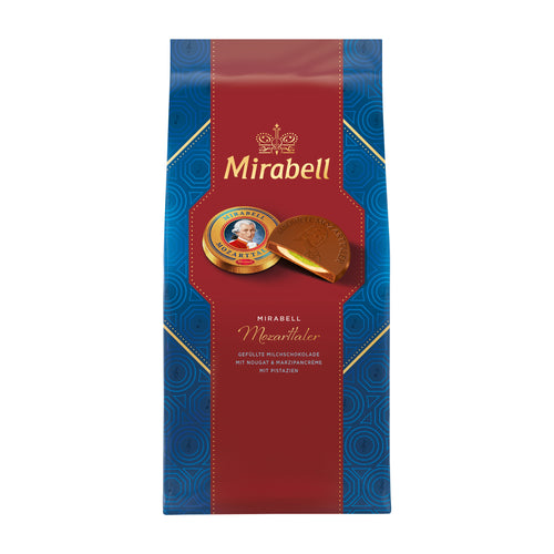 Mirabell Mozarttaler Mozart Coin chocolate packaging with red and blue design on a white background