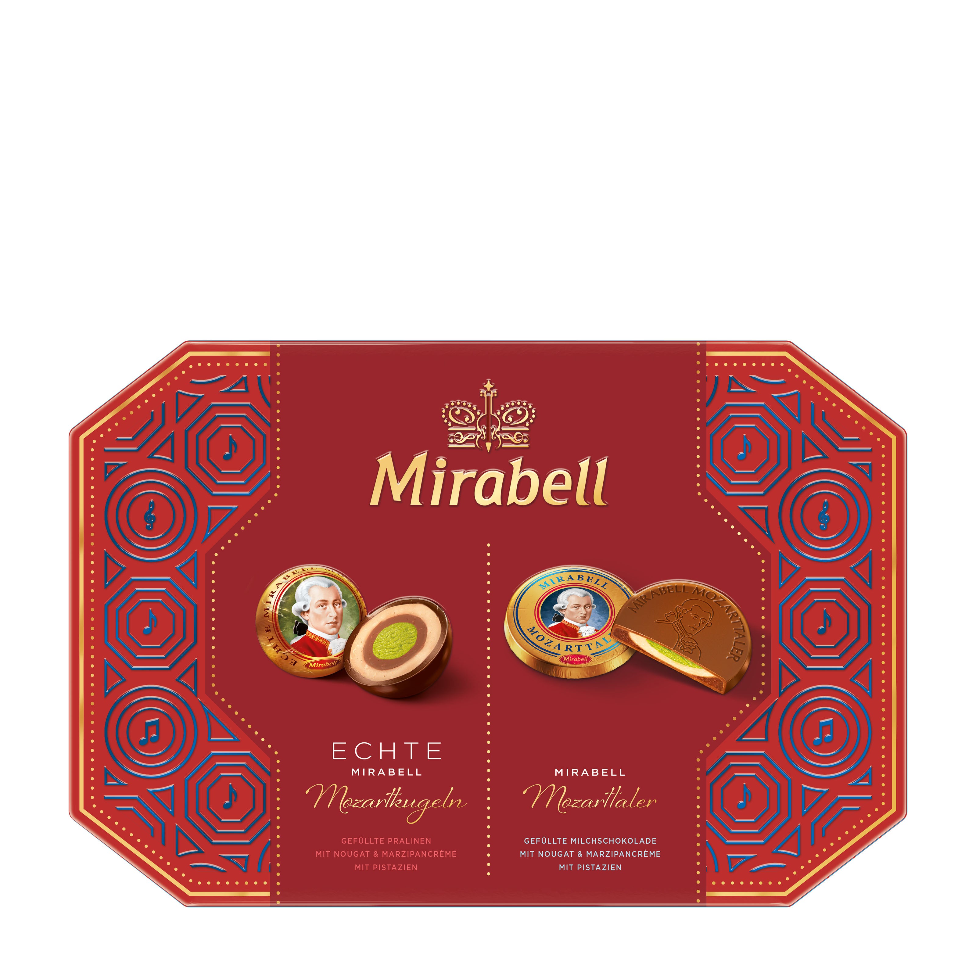 Red packaging of Mirabell Mozarttaler & Mozartkugeln Pralines Box with gold accents on a white background
