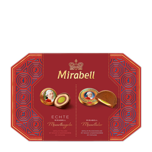 Red packaging of Mirabell Mozarttaler & Mozartkugeln Pralines Box with gold accents on a white background