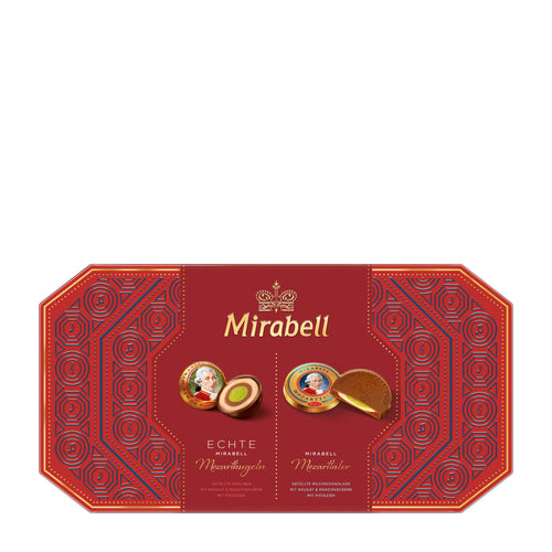 Red packaging of Mirabell Mozarttaler & Mozartkugeln Pralines Box with intricate design and branding.