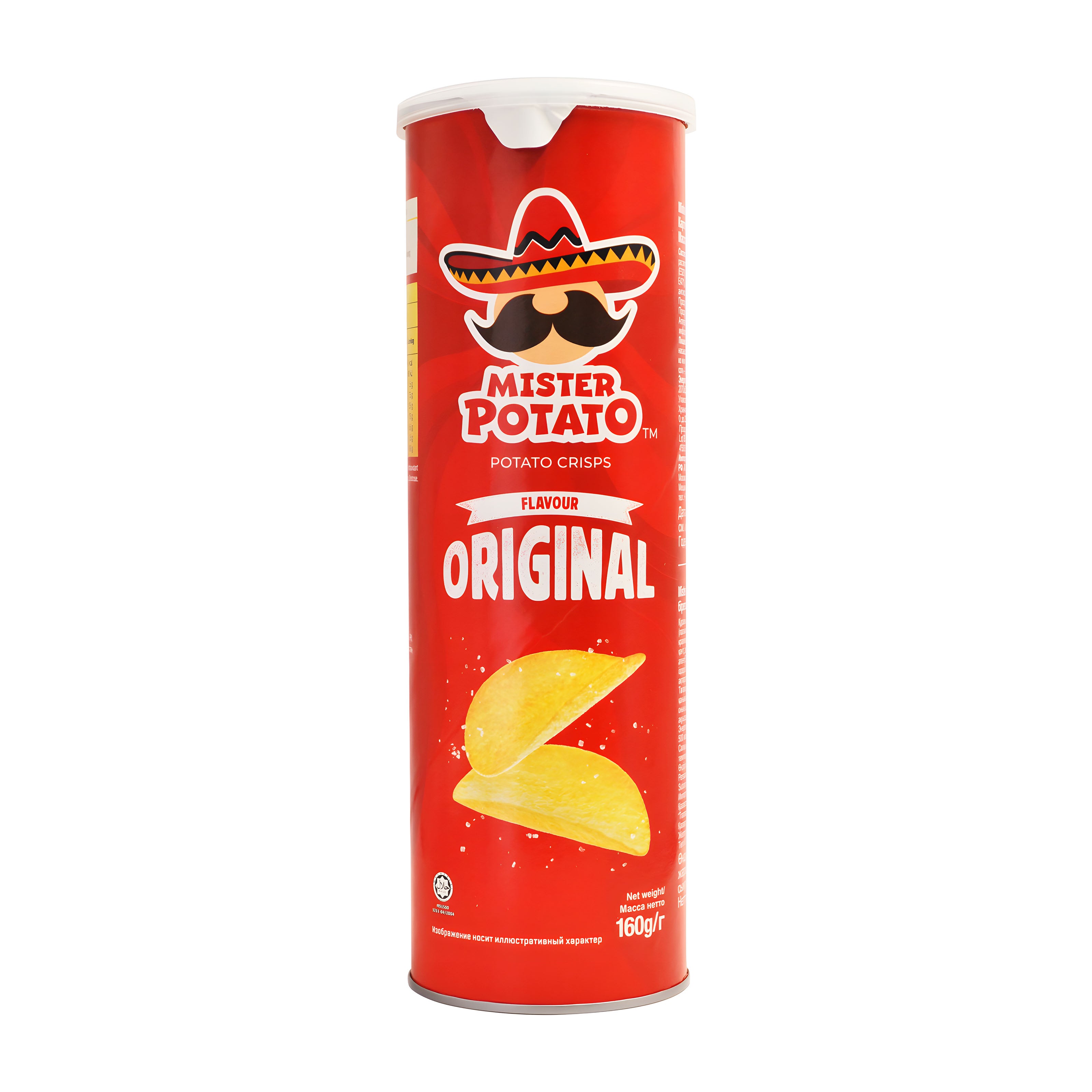 Red can of Mister Potato Original flavor potato crisps on a white background