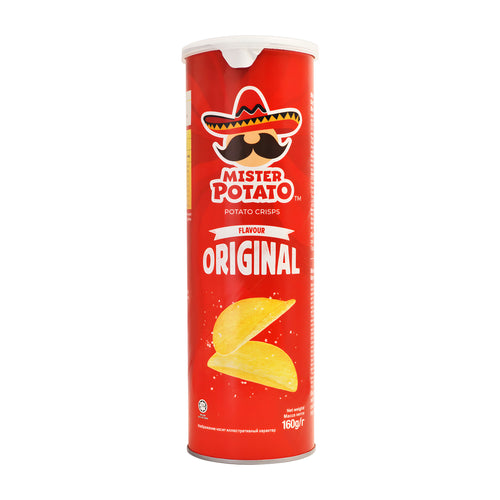 Red can of Mister Potato Original flavor potato crisps on a white background