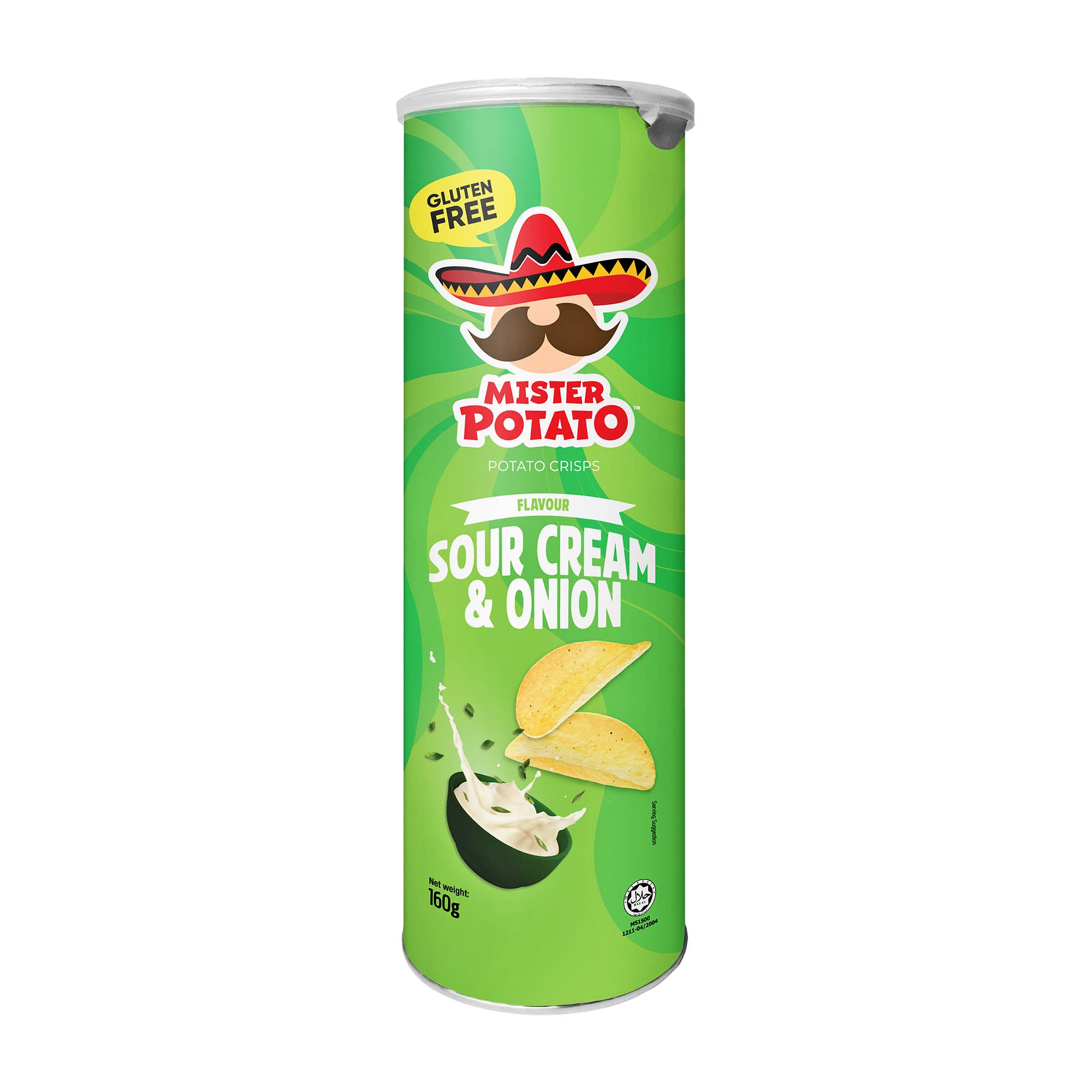 Green canister of Mister Potato Sour Cream & Onion flavored potato chips on a white background
