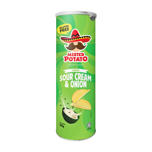 Green canister of Mister Potato Sour Cream & Onion flavored potato chips on a white background