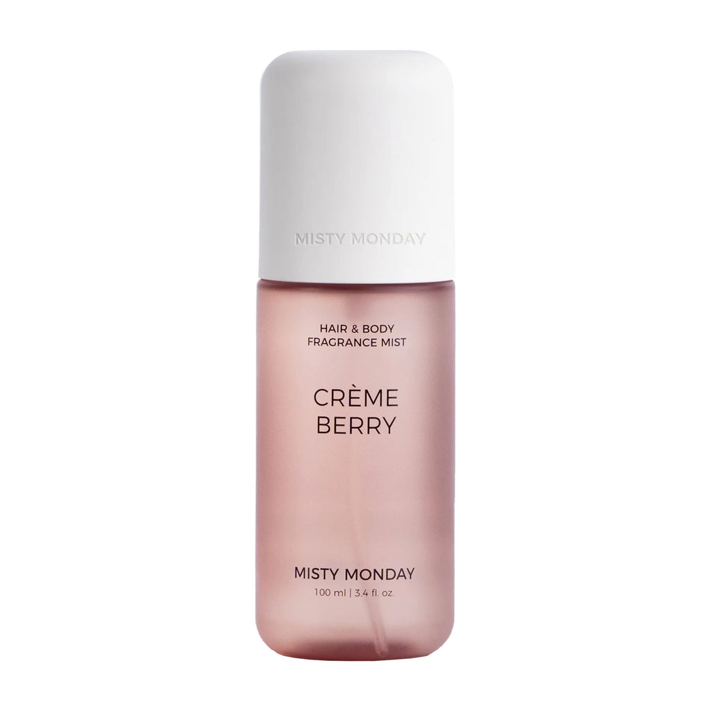 Misty Monday Crème Berry hair and body fragrance mist bottle on a white background