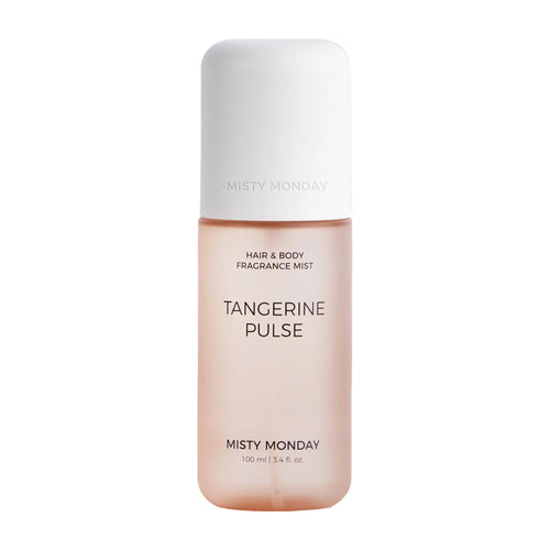 Misty Monday Tangerine Pulse hair and body fragrance mist bottle on a white background