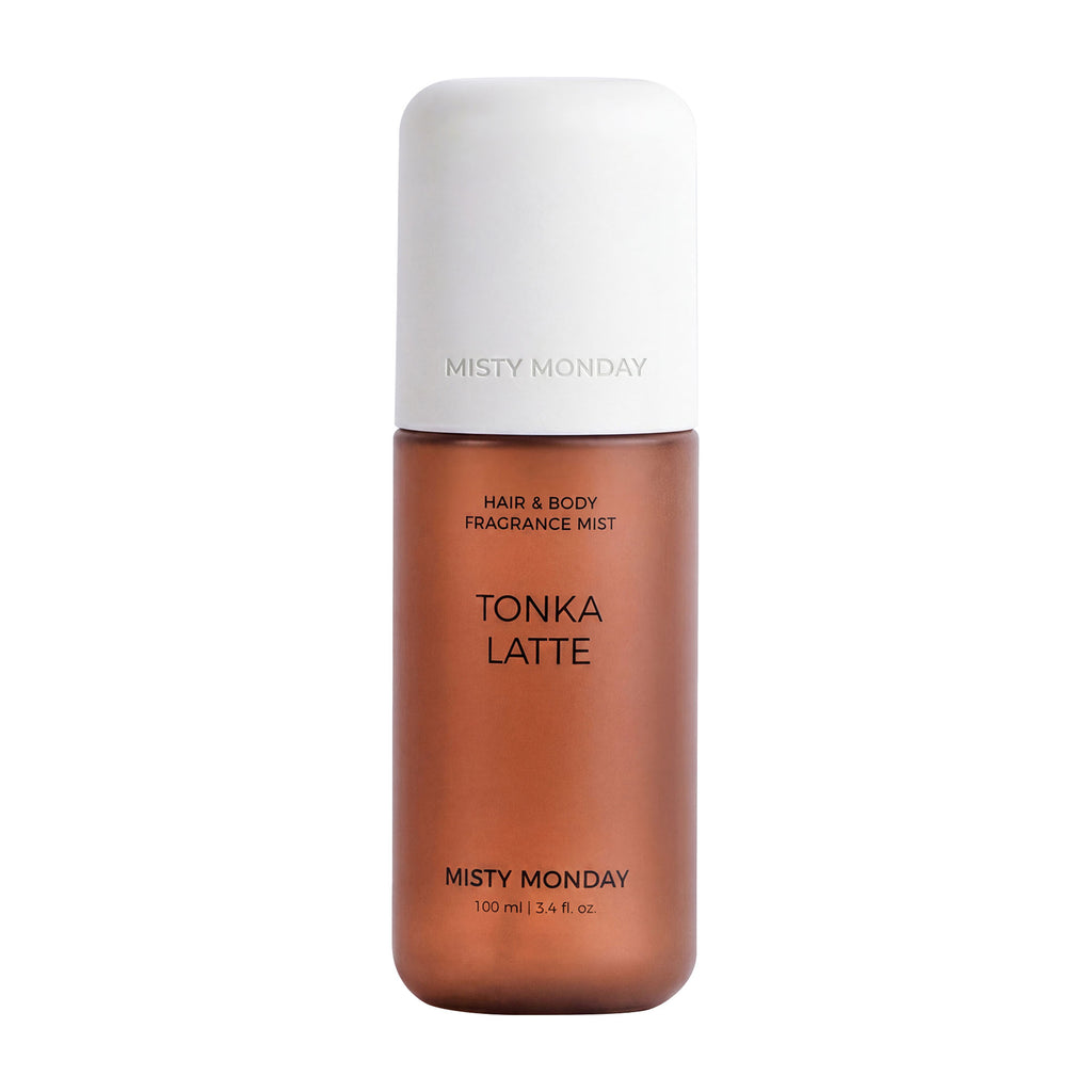 Misty Monday Tonka Latte hair and body fragrance mist bottle on a white background