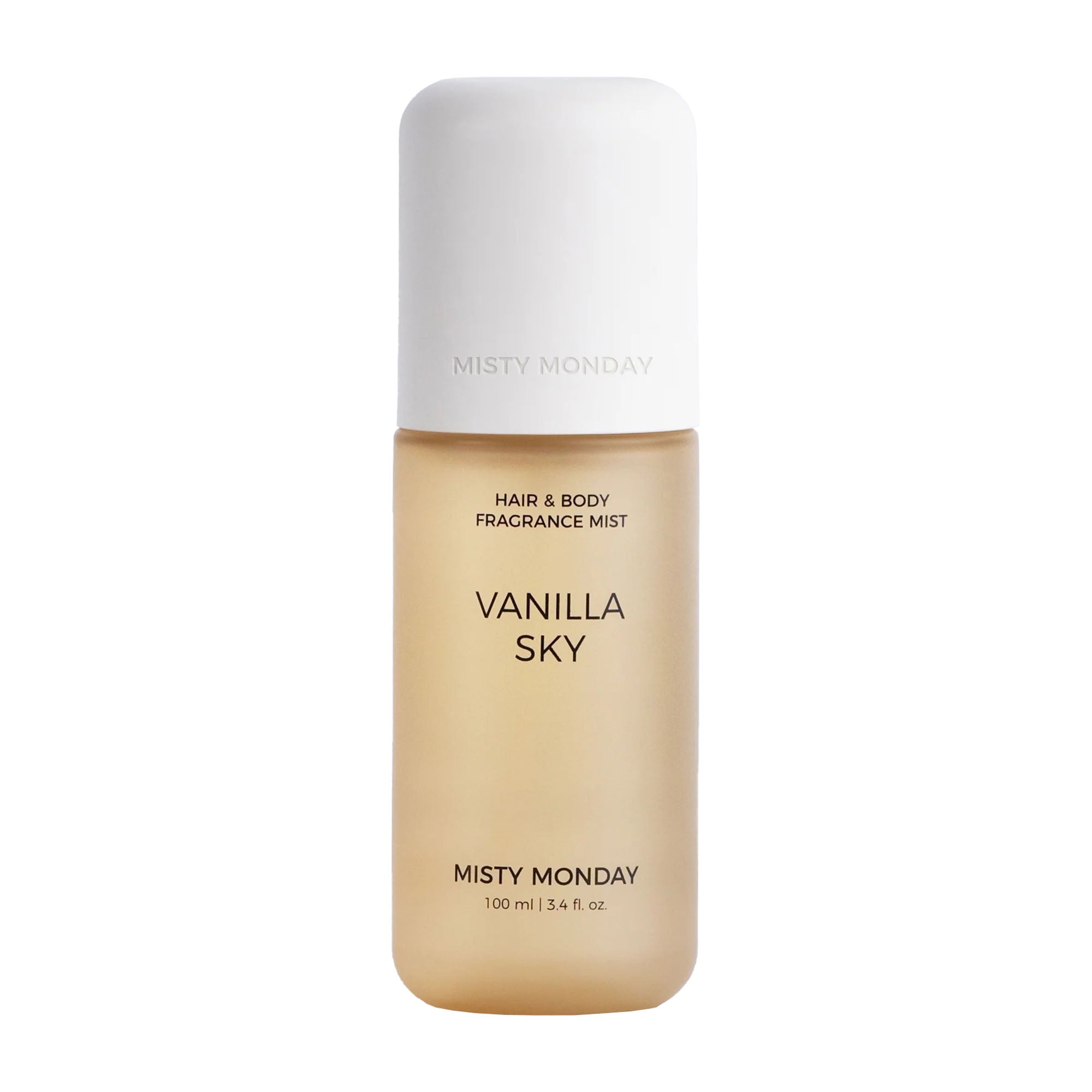 Misty Monday Vanilla Sky hair and body fragrance mist bottle on a white background