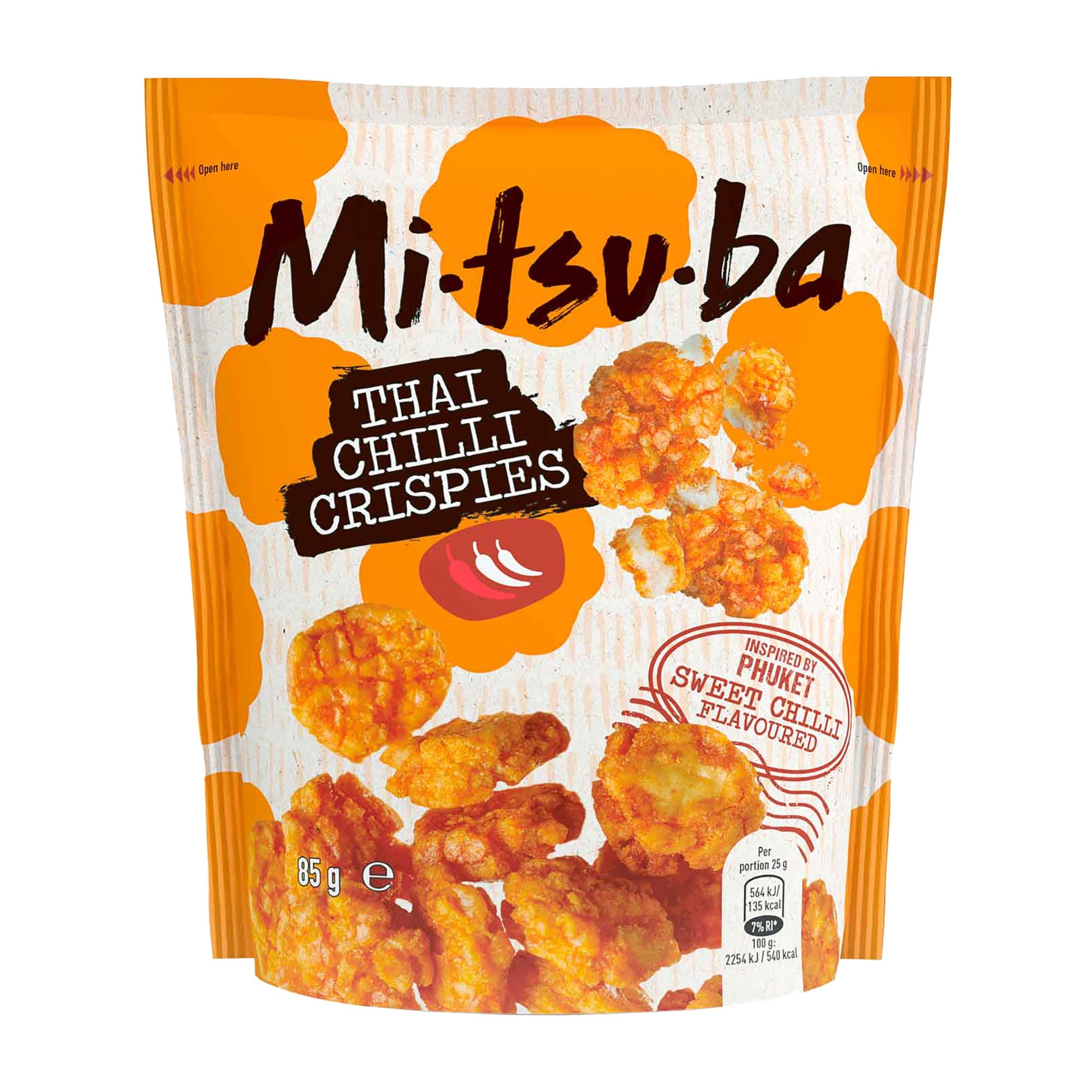 Packaging of Mitsuba Thai Chili Crispies Rice Crackers, displaying the product name, image of the crispy rice crackers, and additional product information.