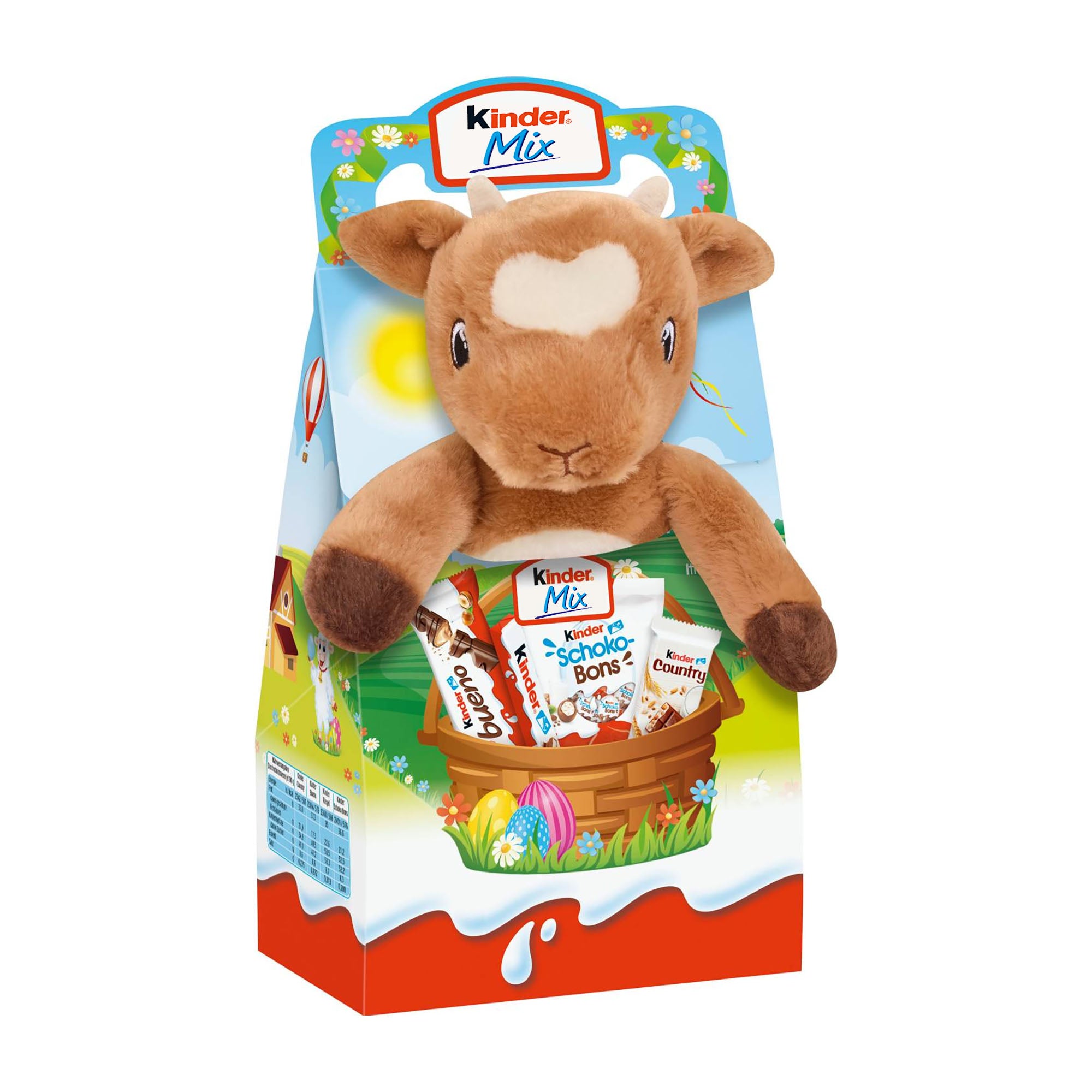 Kinder Mix Gift Box with Goat Plush Toy "Hanna Hearts" on a white background.