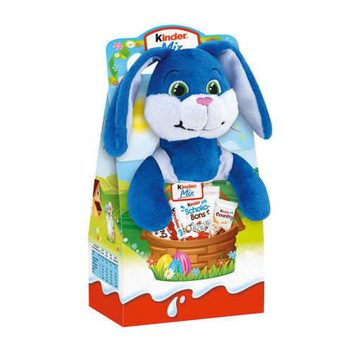 Blue "Harry" bunny plush toy in Kinder Mix gift packaging on a white background