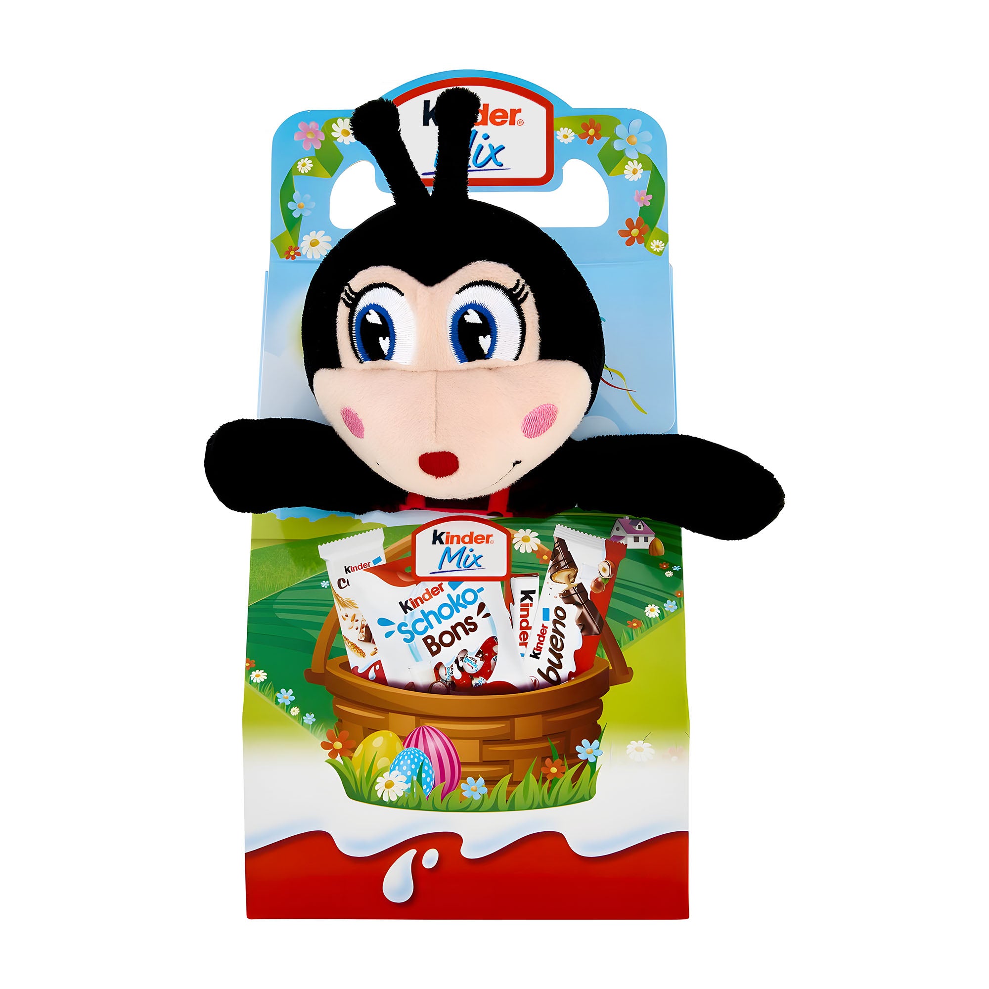 Kinder Mix Gift Box with a plush Ladybug toy on a white background