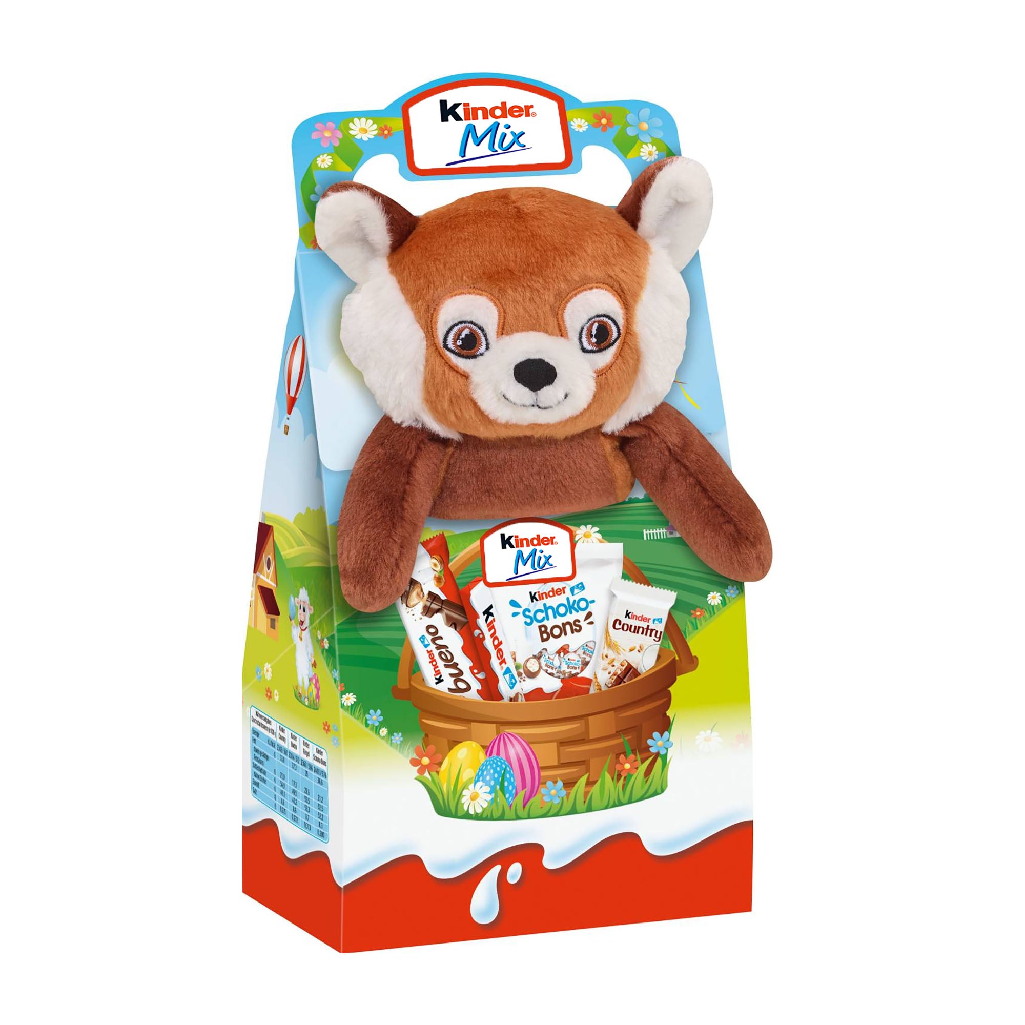 Kinder Mix Gift Box with Roman Red Panda  Plush Toy on a white background