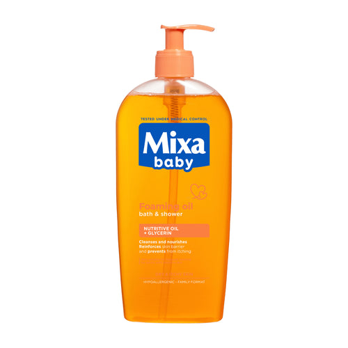 Orange bottle of Mixa baby foaming oil with pump on a white background