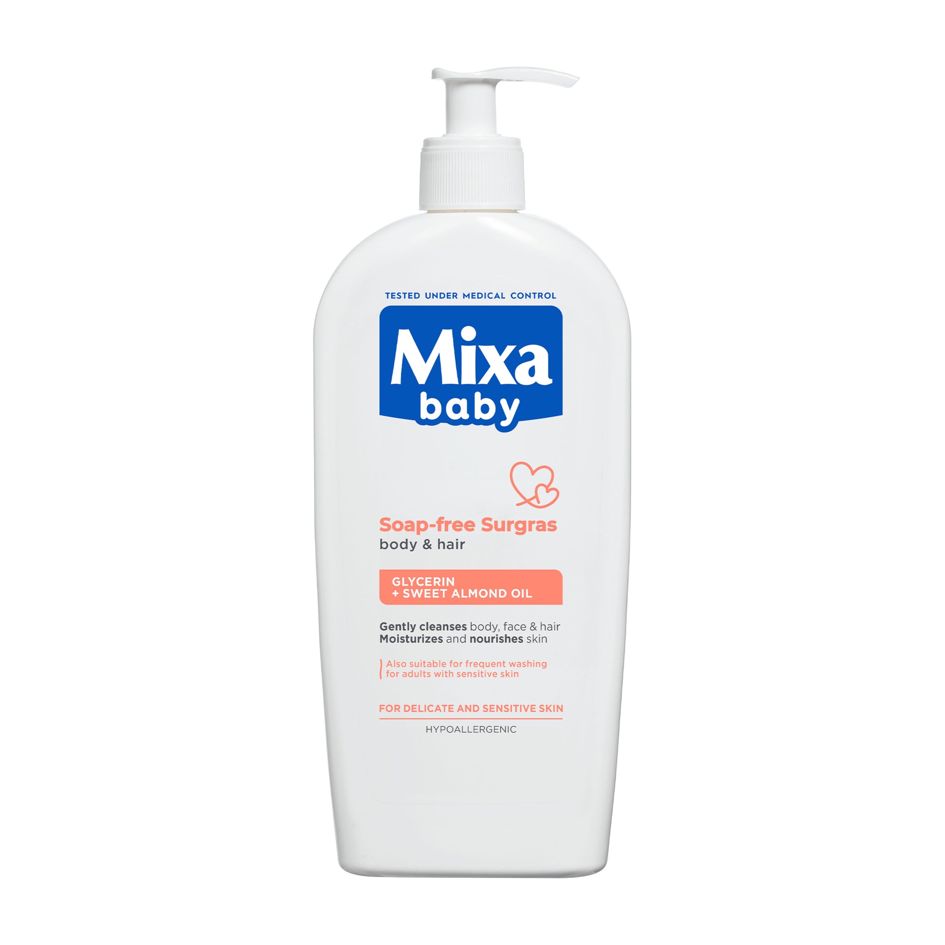 Mixa baby soap-free surgras bottle on a white background
