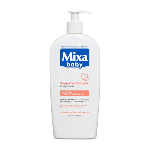Mixa baby soap-free surgras bottle on a white background