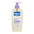 Pump bottle of Mixa baby soothing cleansing oil on a white background.