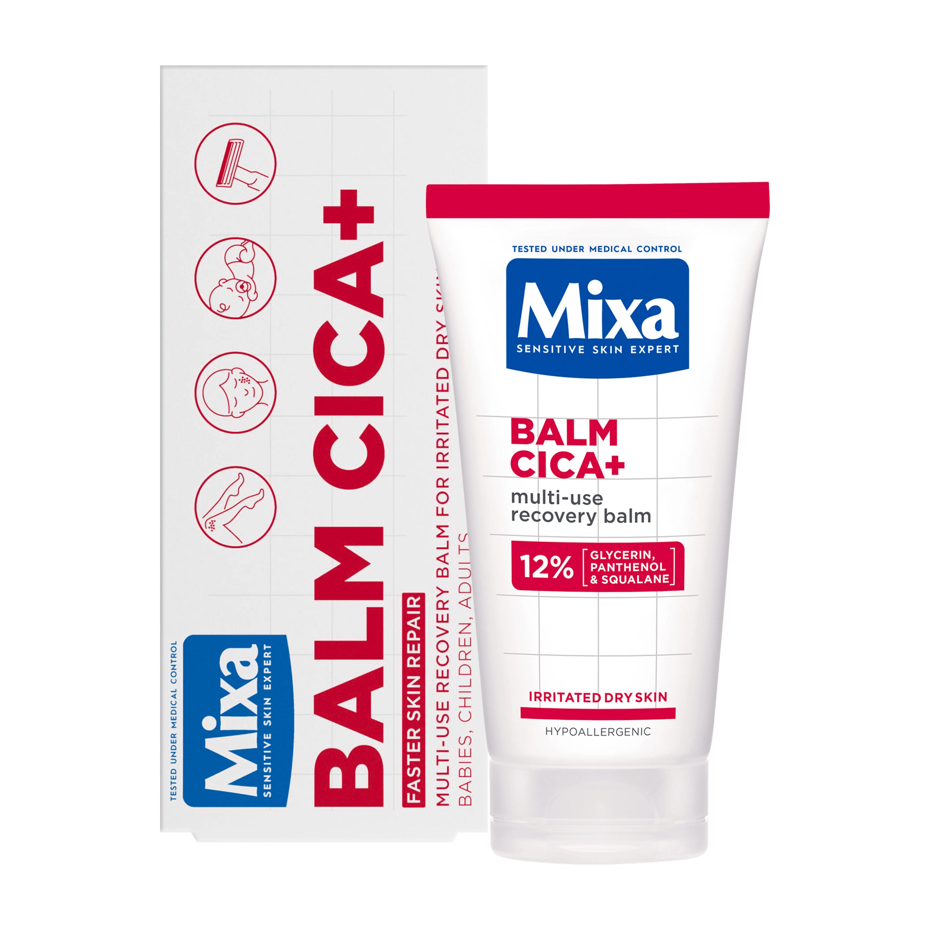 Mixa Balm CICA+ multi-use recovery balm packaging and tube on a white background