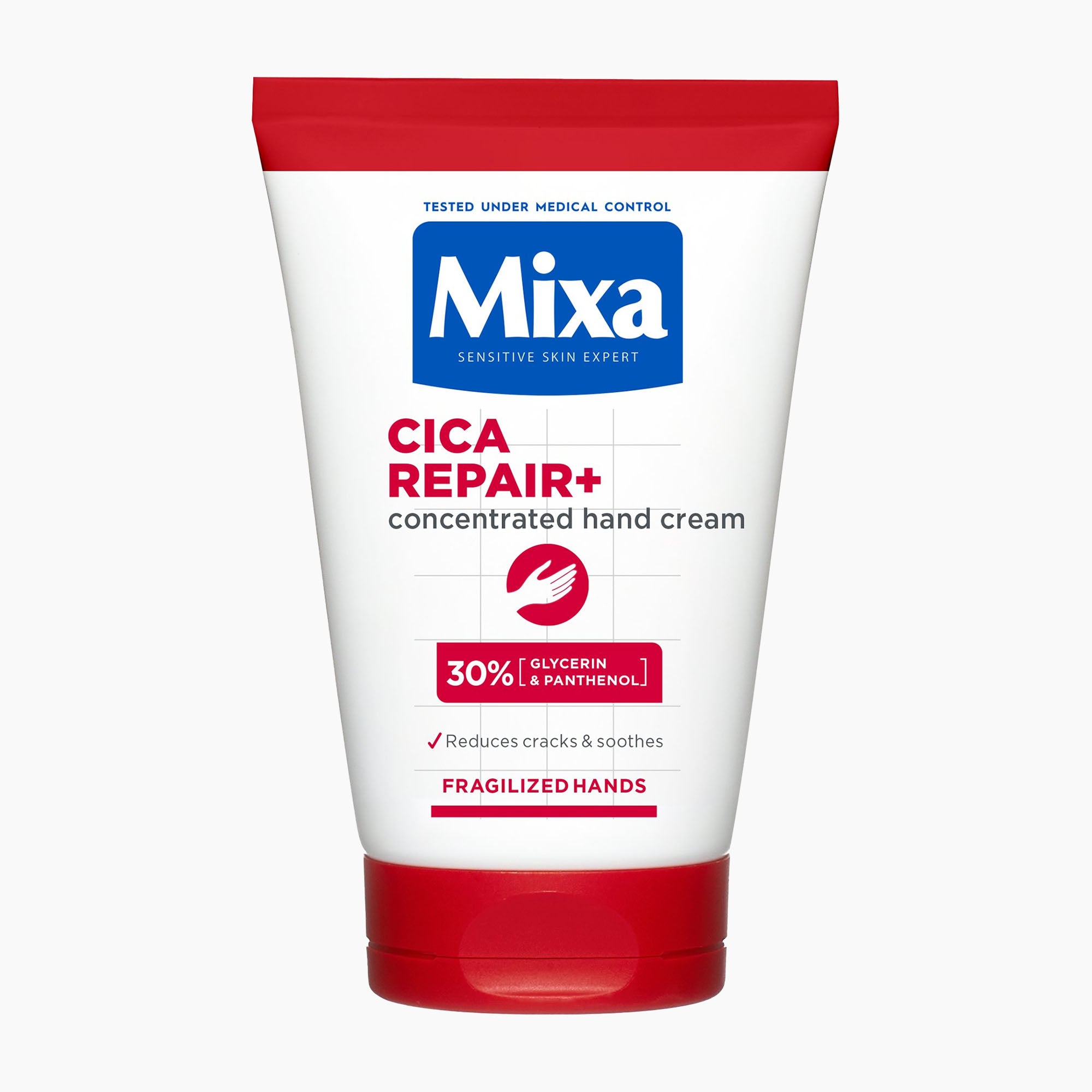 A squeeze tube of Mixa Cica Repair+ concentrated hand cream, featuring a white body with red caps and a blue brand logo, set against a plain white background.
