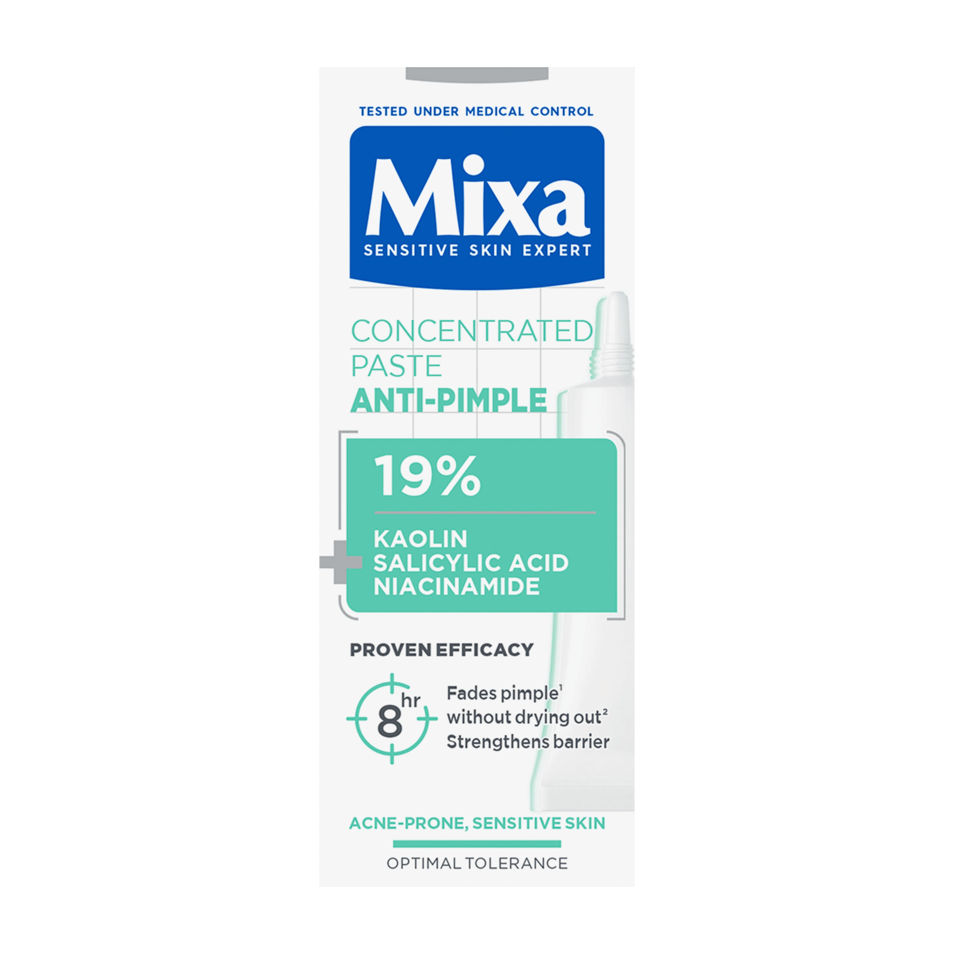 Box of Mixa Anti-Pimple Concentrated Paste on a white background.