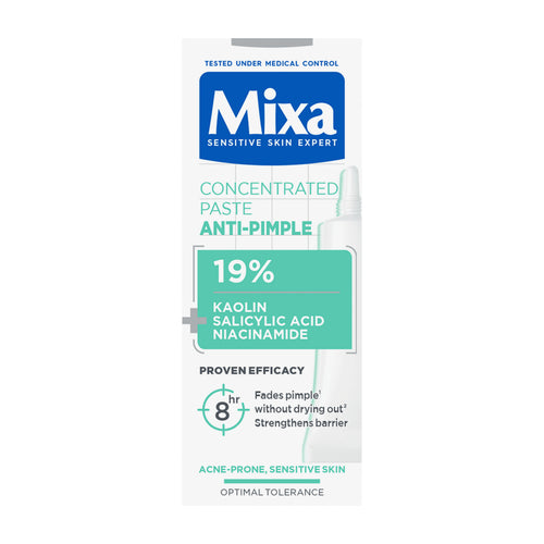 Box of Mixa Anti-Pimple Concentrated Paste on a white background.