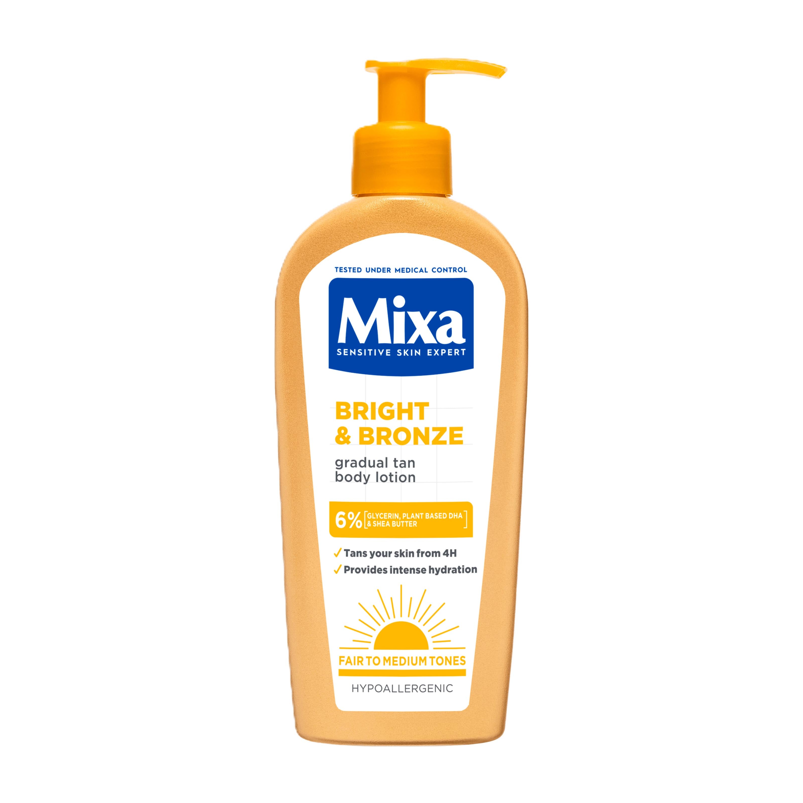 Mixa Bright & Bronze gradual tan body lotion bottle on a white background