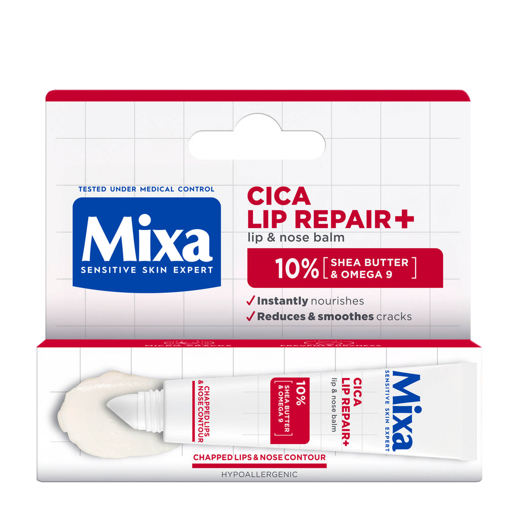 Mixa Cica Lip Repair+ lip and nose balm packaging on a white background.