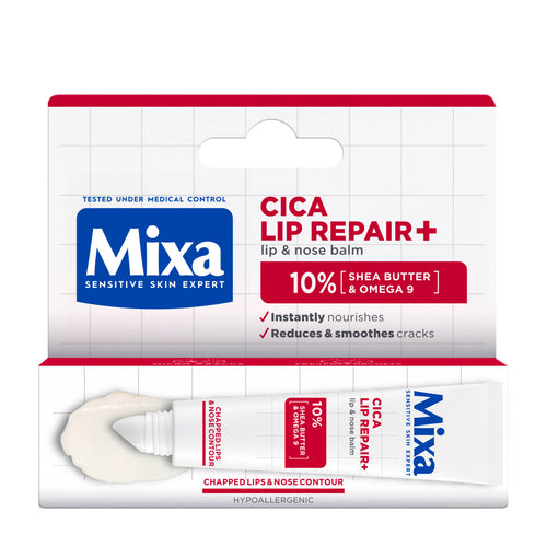 Mixa Cica Lip Repair+ lip and nose balm packaging on a white background.