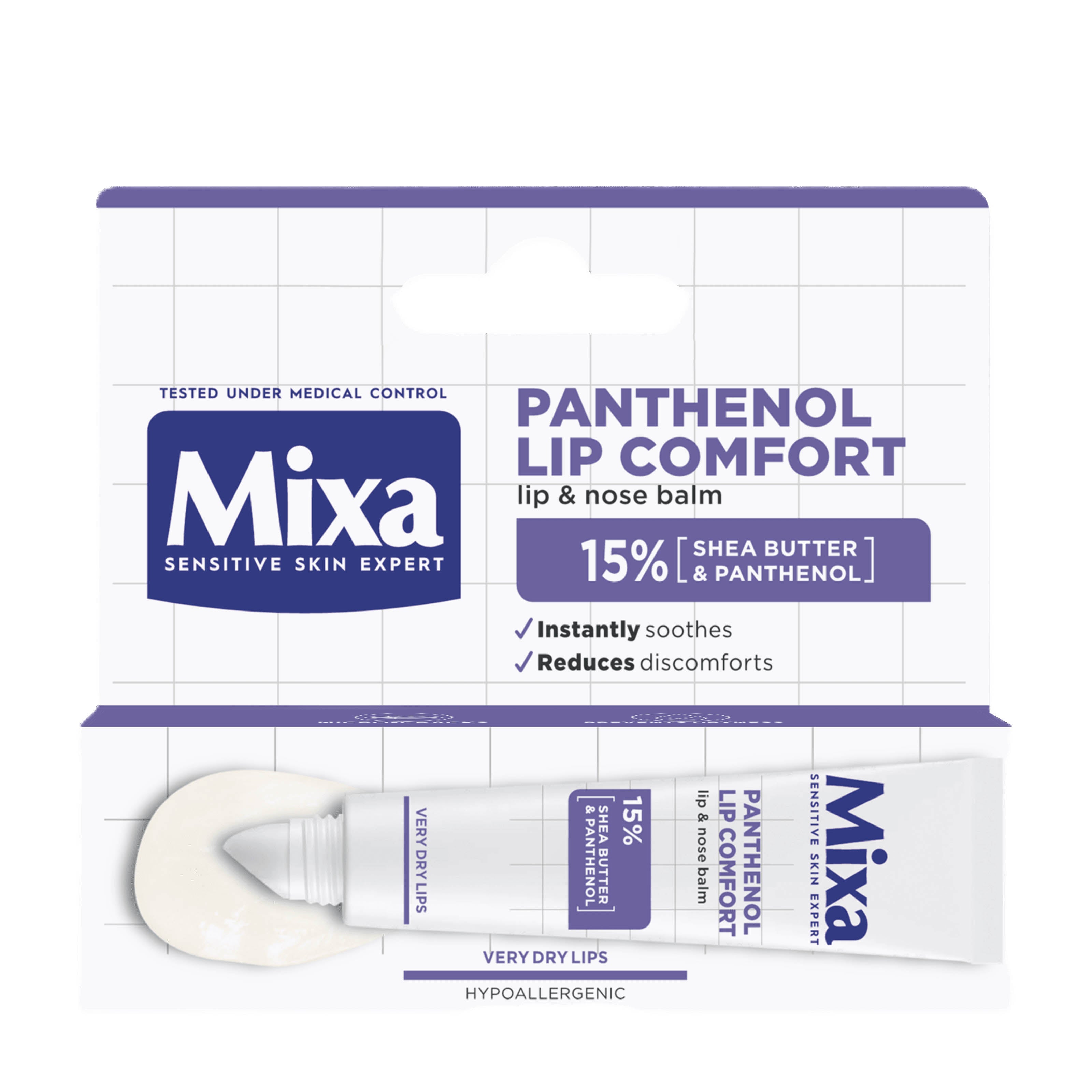 Mixa Panthenol Lip Comfort lip and nose balm packaging on a white background