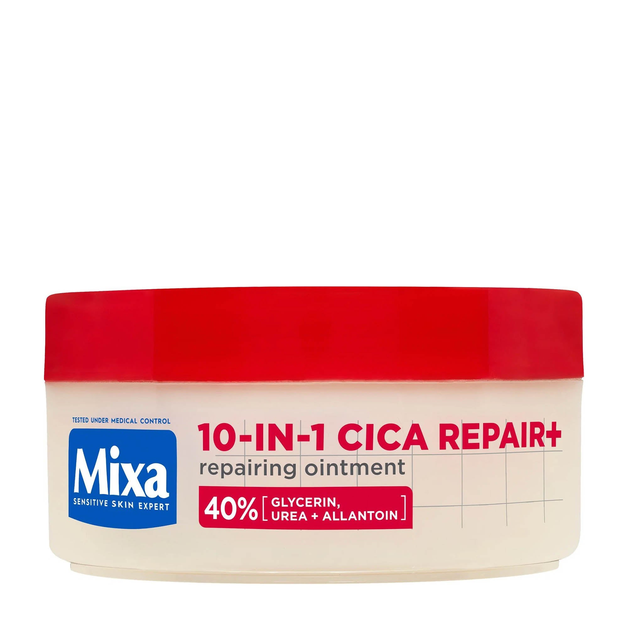 Mixa 10-in-1 Cica Repair+ ointment jar with red lid on a white background
