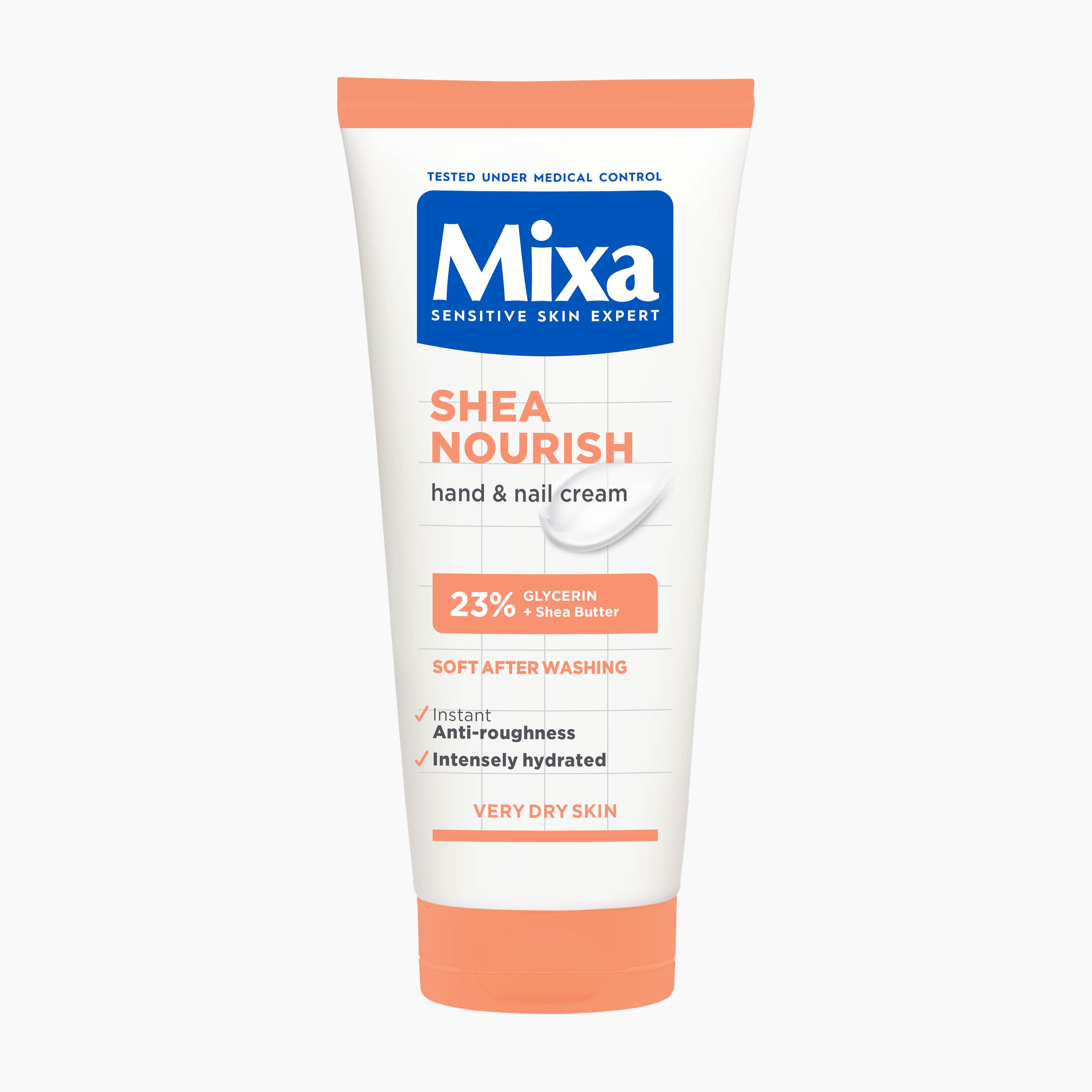 A squeeze tube of Mixa Sensitive Skin Expert Shea Nourish hand and nail cream, featuring a white tube with a blue and orange logo and text, set against a plain white background.