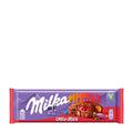 A Milka MMMAX Choco Jelly milk chocolate bar with a purple and red packaging, featuring images of the product and pieces of chocolate and jelly.
