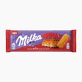 Milka MMMAX Crunchy Biscoff Cream with Wafer milk chocolate bar tablet packaging on a light gray background.