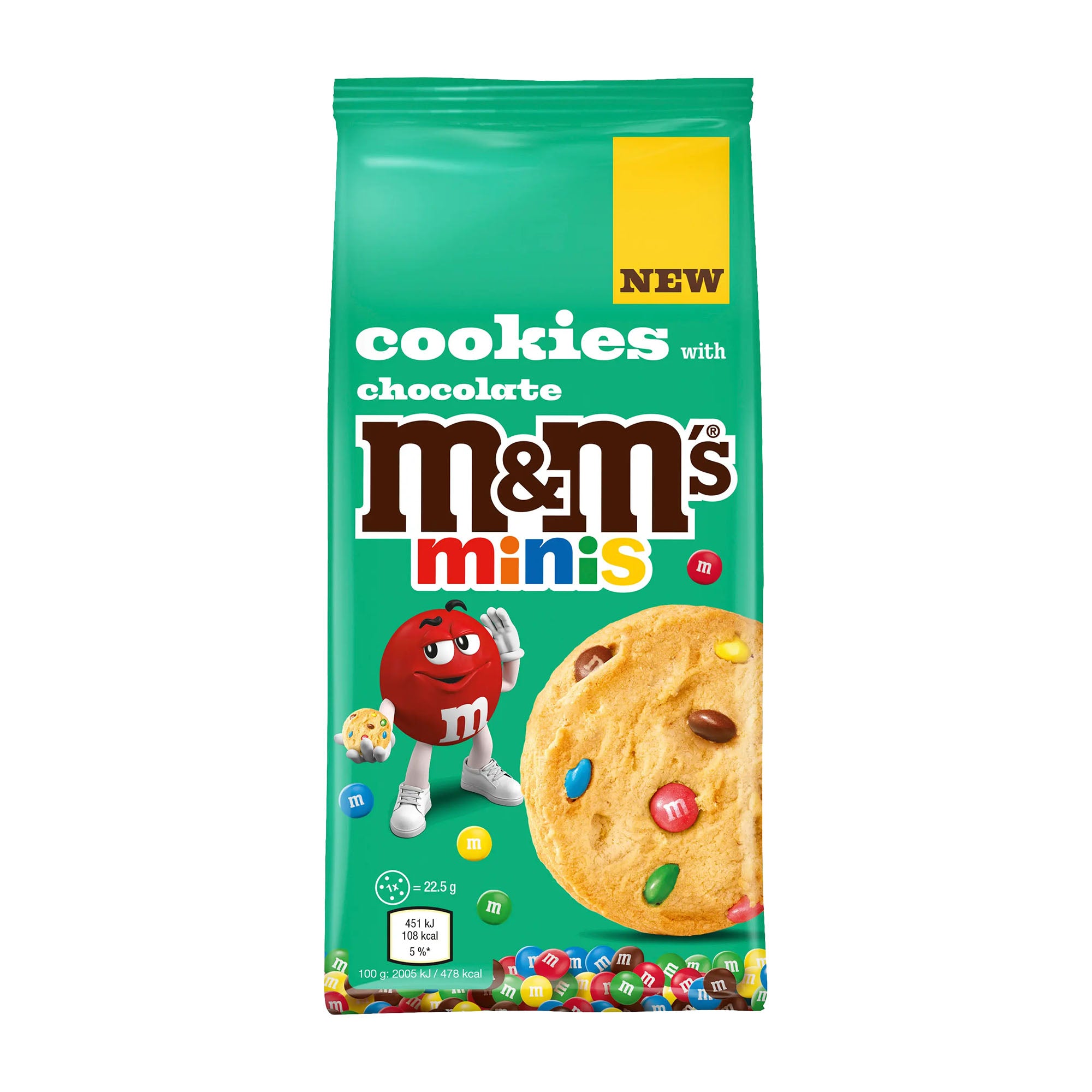 Packaging of cookies with chocolate M&M's minis on a white background