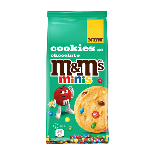 Packaging of cookies with chocolate M&M's minis on a white background