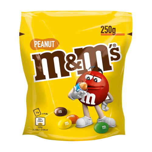 Yellow package of M&M's Peanut candy with character on a white background
