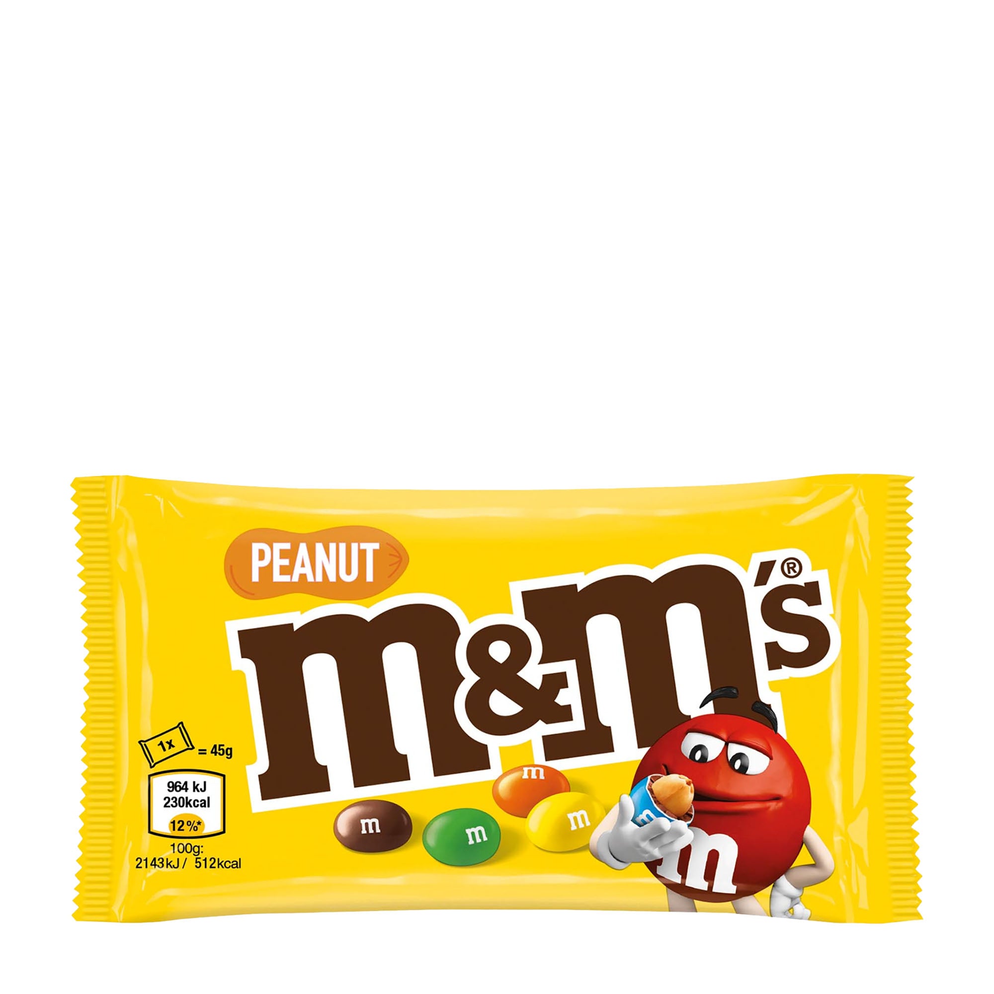 Yellow package of M&M's Peanut candy on a white background