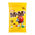 Yellow package of M&M's Peanut candy with red character on a white background
