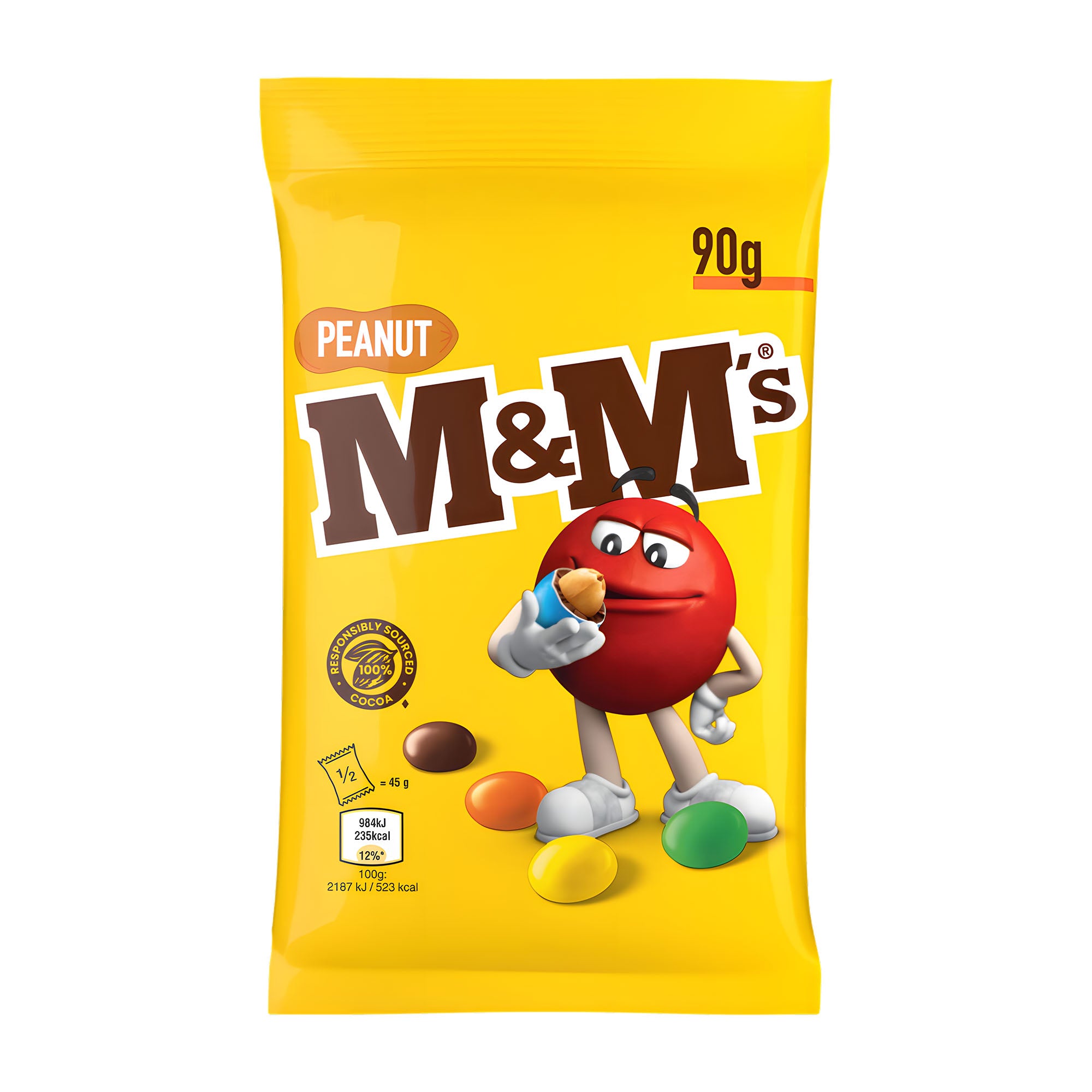 Yellow package of M&M's Peanut candy with red character on a white background