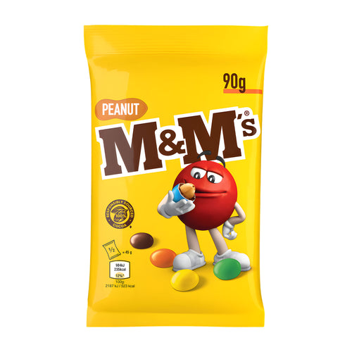 Yellow package of M&M's Peanut candy with red character on a white background